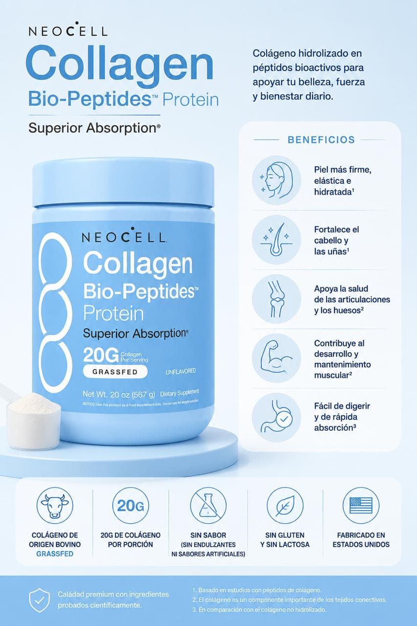 NeoCell Polvo de péptidos de colágeno 283gr - Piel firme, Cabello fuerte y Articulaciones sanas